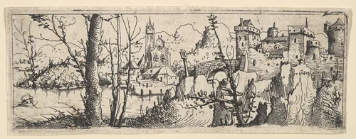Landscape with Fort and a Church on a River by Augustin Hirschvogel, print, 1545
