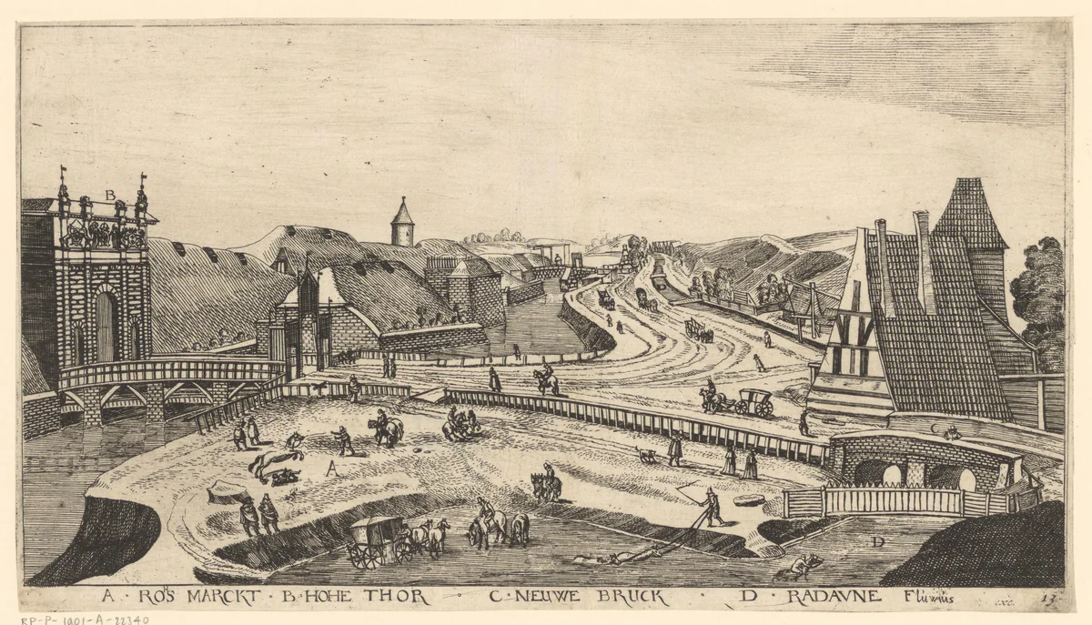 Gezicht op een buitenplaats bij Danzig, met links de stadspoort grenzend aan de Hoge Toren by Aegidius Dickmann, print, 1625