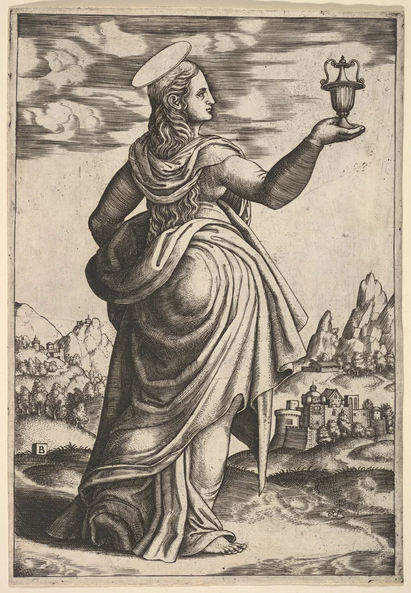 The Magdalene standing facing right, jar held in her raised right hand by Master of the Die, print, 1530-1560