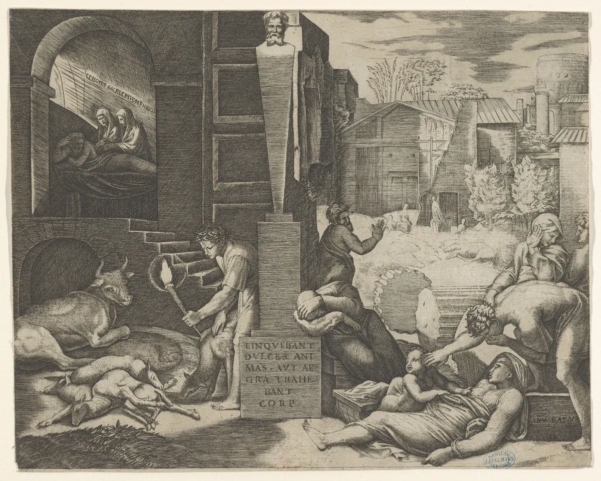 A plague scene at right, a man at left holding a torch illuminating part of the scene at left, ill people at the right by Marcantonio Raimondi, print, 1510-1521