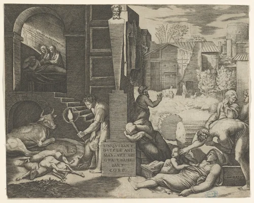 A plague scene at right, a man at left holding a torch illuminating part of the scene at left, ill people at the right by Marcantonio Raimondi, print, 1510-1521