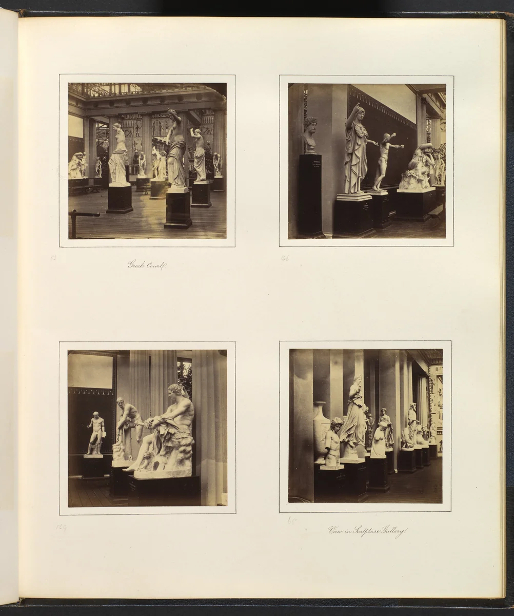 [Greek Court; Statue of Minerva; Ludovisi Mars; Iris, Hecate, or Lucifera] by Philip Henry Delamotte, photograph, 1857-1861