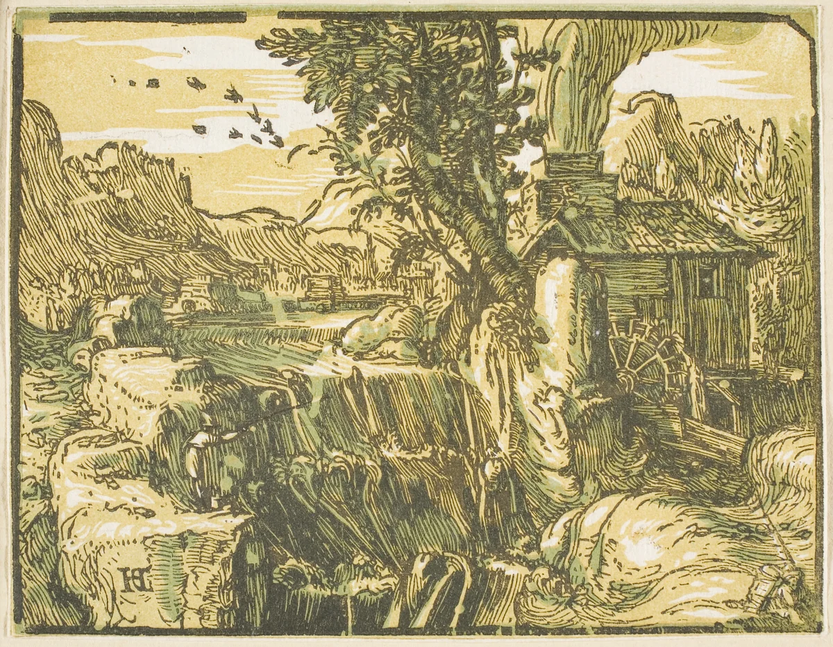 Landscape with a Waterfall, from Four Small Landscapes by Hendrick Goltzius, print, 1597-1600