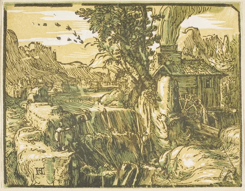Landscape with a Waterfall, from Four Small Landscapes by Hendrick Goltzius, print, 1597-1600