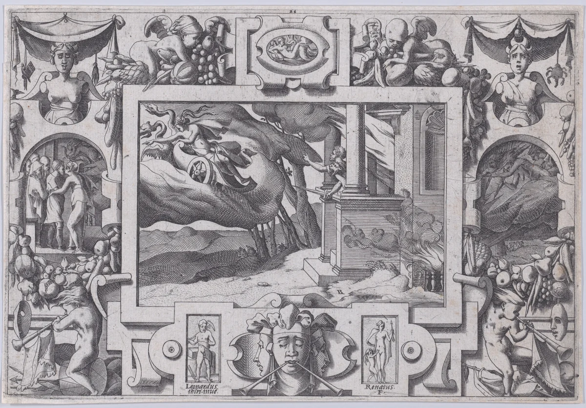 Medea Flees from Jason (L'épée au poing court Jason la poursuivre mais ne peut celle en vitesse aconsuivre...), from "Jason and the Golden Fleece" by René Boyvin, print, 1563