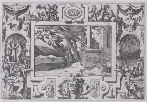 Medea Flees from Jason (L'épée au poing court Jason la poursuivre mais ne peut celle en vitesse aconsuivre...), from "Jason and the Golden Fleece" by René Boyvin, print, 1563