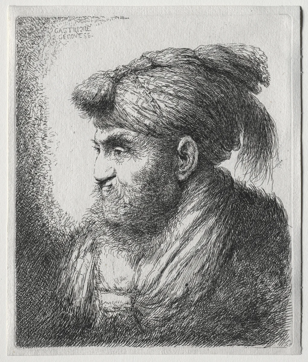 The Large Heads of Men in Oriental Headdress: A Man Nearly in Profile and Turned to Left by Giovanni Benedetto Castiglione, print, 1645-1655