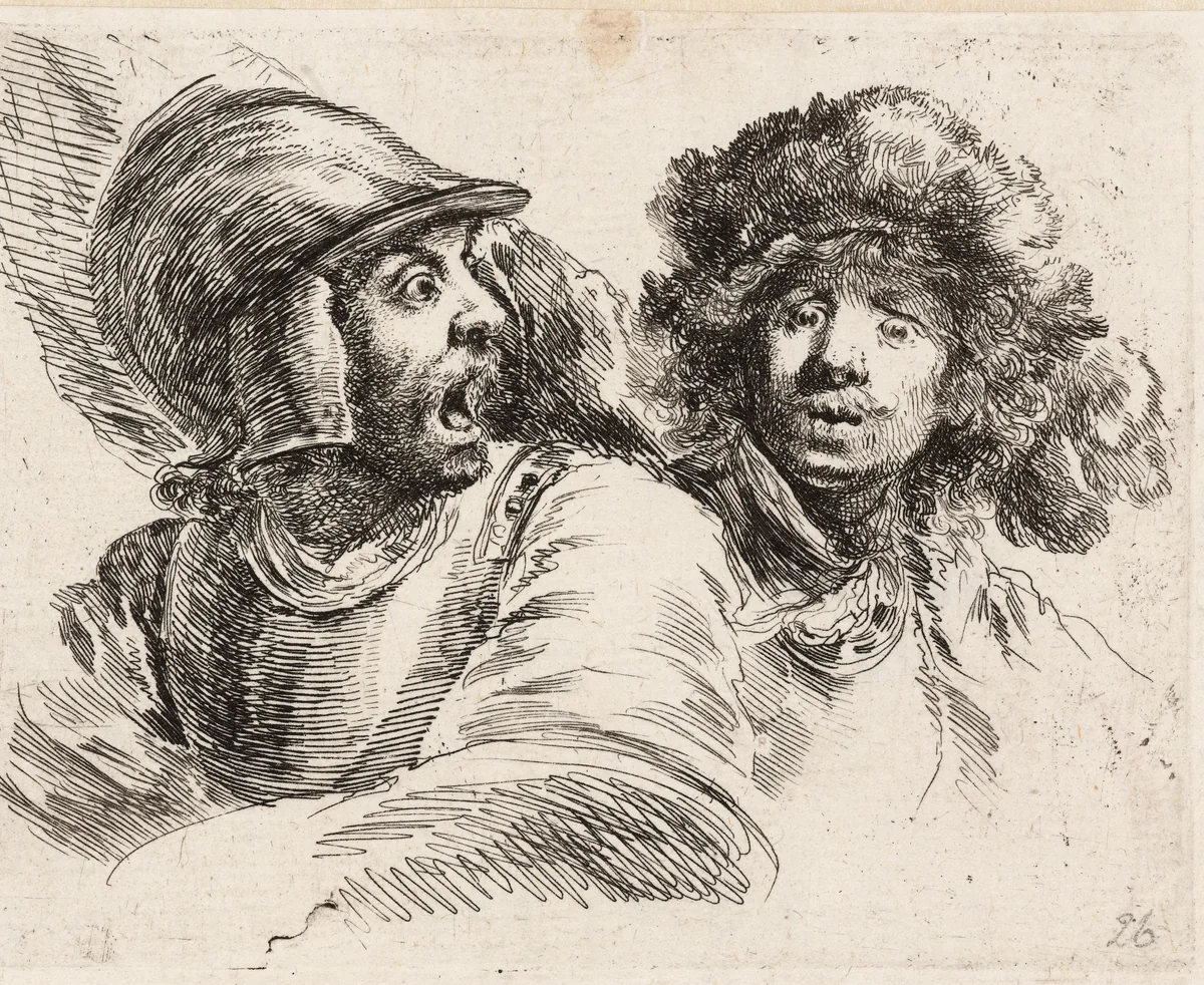 Geschrokken soldaat en man met muts met pluimen (portret van Rembrandt) by Stefano della Bella, print, 1620-1664