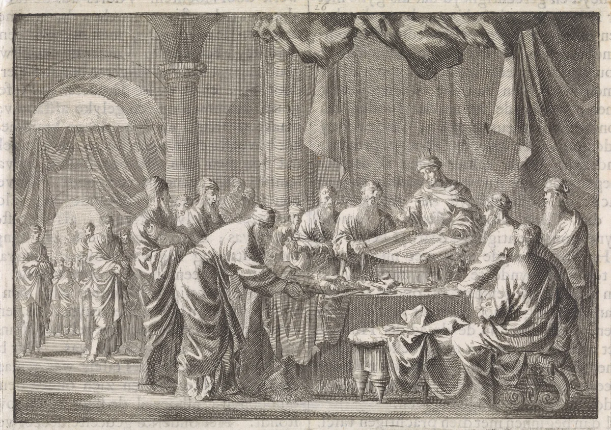 Bijeenkomst van de 72 vertalers van de wet op bevel van koning Ptolomeüs Philadelphus by Jan Luyken, print, 1704