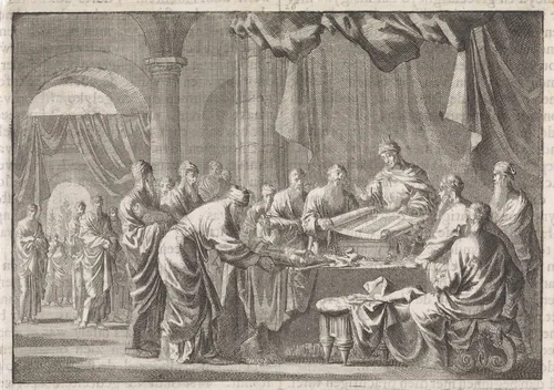 Bijeenkomst van de 72 vertalers van de wet op bevel van koning Ptolomeüs Philadelphus by Jan Luyken, print, 1704