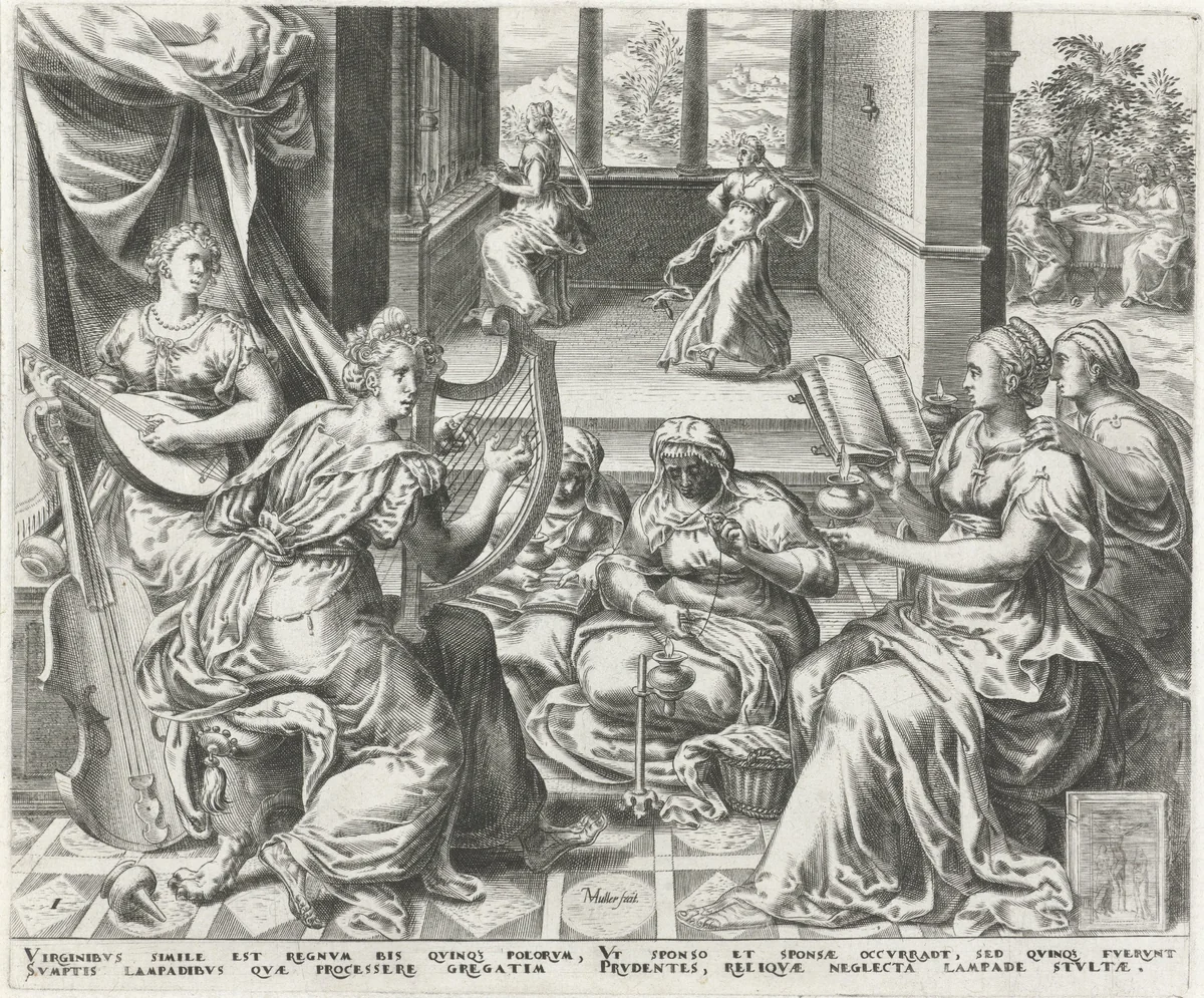 Wijze en dwaze maagden wachten op de bruidegom by Unknown, print, 1565-1572