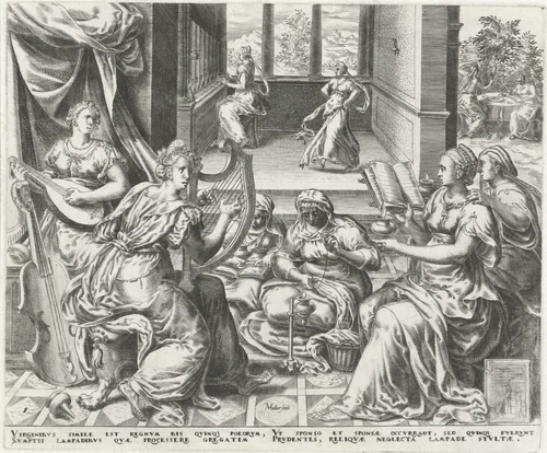 Wijze en dwaze maagden wachten op de bruidegom by Unknown, print, 1565-1572