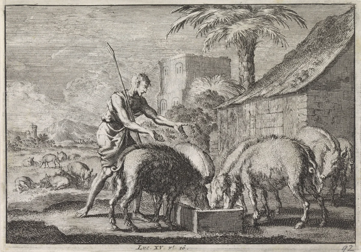 Verloren Zoon als varkenshoeder by Jan Luyken, print, 1703-1762