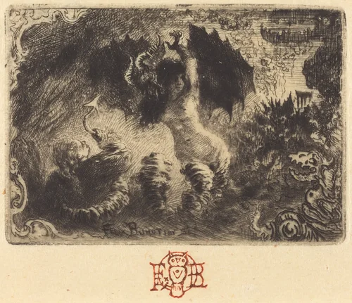 Jacques Cazotte's "Le Diable amoureux" (1st vignette) by Félix-Hilaire Buhot, print, 1878