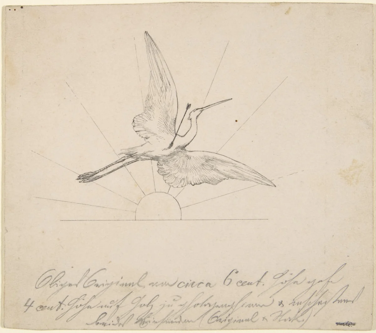 Wounded Crane with an Arrow in its Breast Before Setting Sun by Max Klinger, drawing, 1870-1920