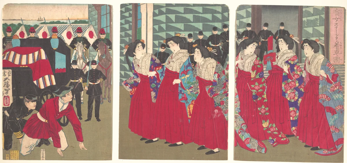 Illustration of Ladies-in-waiting boarding at a station (Kanjo sutēshon chakusha zu) by Tsukioka Yoshitoshi, print, 1879