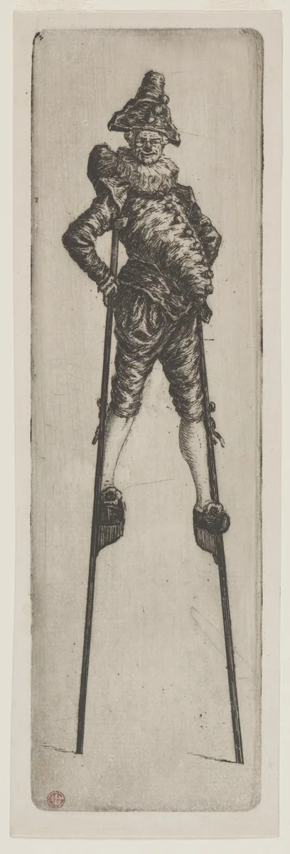 Punchinello on Stilts by Henri Charles Guérard, print, 1883-1893