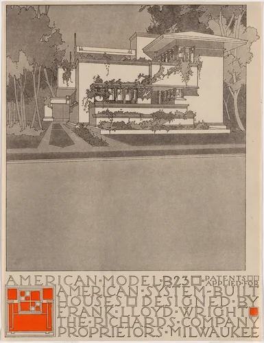 American System-Built Houses for The Richards Company project (Exterior perspective of model B23) by Frank Lloyd Wright, architecture, 1915