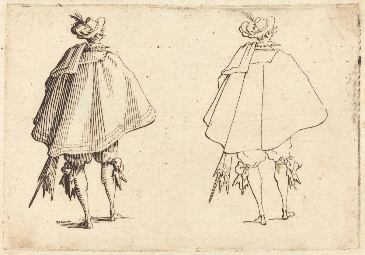 Gentleman in Large Mantle, Seen from Behind by Jacques Callot, print, 1617