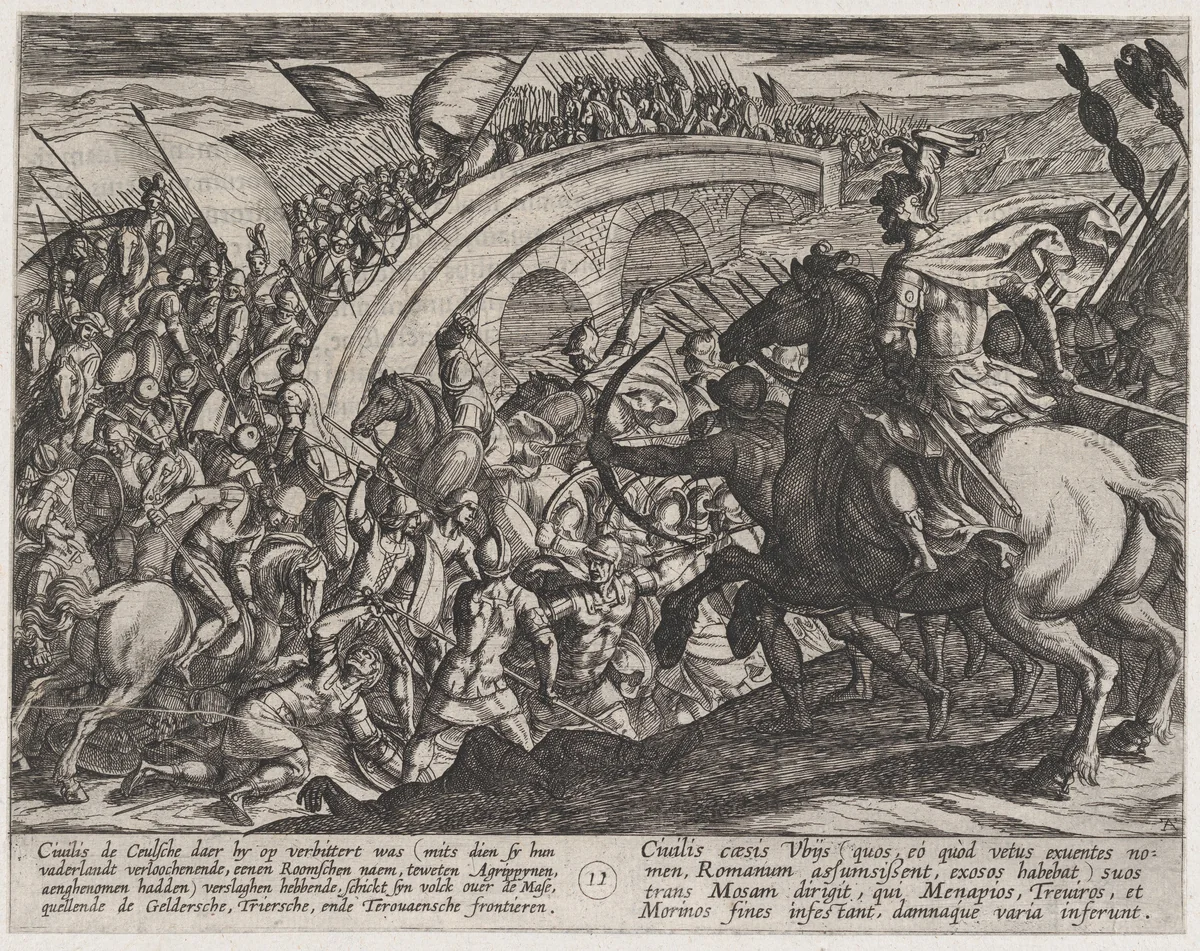 Plate 11: Civilis' Troops Crossing the Maas River, from The War of the Romans Against the Batavians (Romanorvm et Batavorvm societas) by Antonio Tempesta, print, 1611-1612