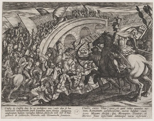 Plate 11: Civilis' Troops Crossing the Maas River, from The War of the Romans Against the Batavians (Romanorvm et Batavorvm societas) by Antonio Tempesta, print, 1611-1612