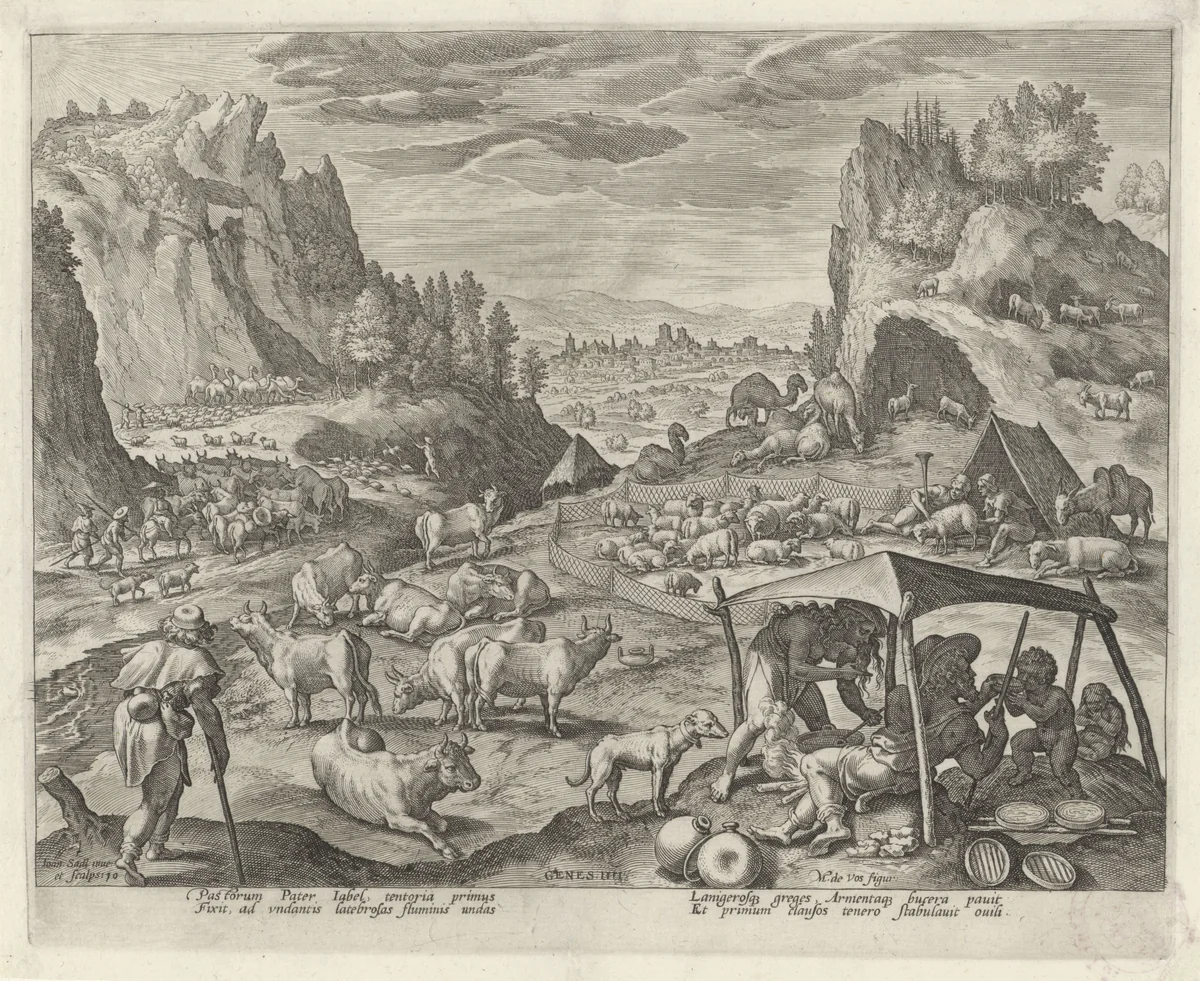 Jabal en zijn gezin rusten bij het vee by Unknown, print, 1583