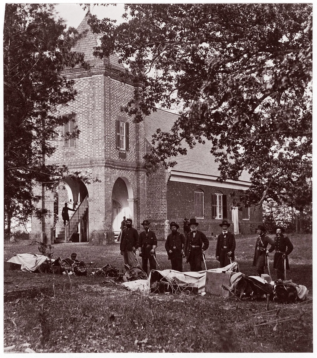 St. Peter's Church near White House, Where Washington was Married. General E. V. Sumner and Staff by Alexander Gardner, photograph, 1861-1865