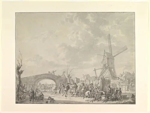 Winter Landscape with Skaters and Sledges on the Ice, a Bridge and a Mill behind by Abraham van Strij, drawing, 1765-1826