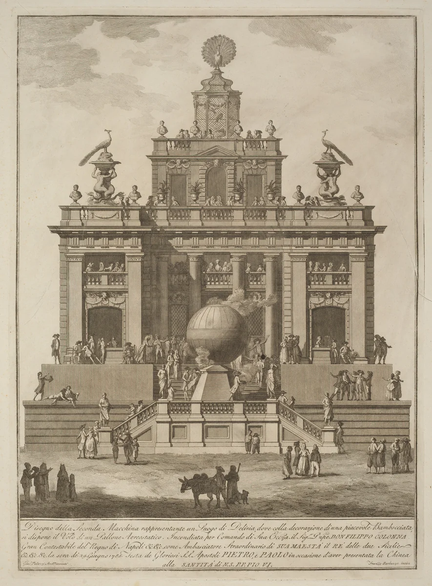 The Seconda Macchina for the Chinea of 1785: A Pleasure Palace with an Air Balloon by Francesco Barbazza; Giuseppe Palazzi, print, 1785