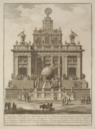 The Seconda Macchina for the Chinea of 1785: A Pleasure Palace with an Air Balloon by Francesco Barbazza; Giuseppe Palazzi, print, 1785