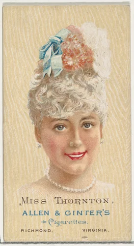 Miss Thornton, from World's Beauties, Series 2 (N27) for Allen & Ginter Cigarettes by Allen & Ginter, print, 1888