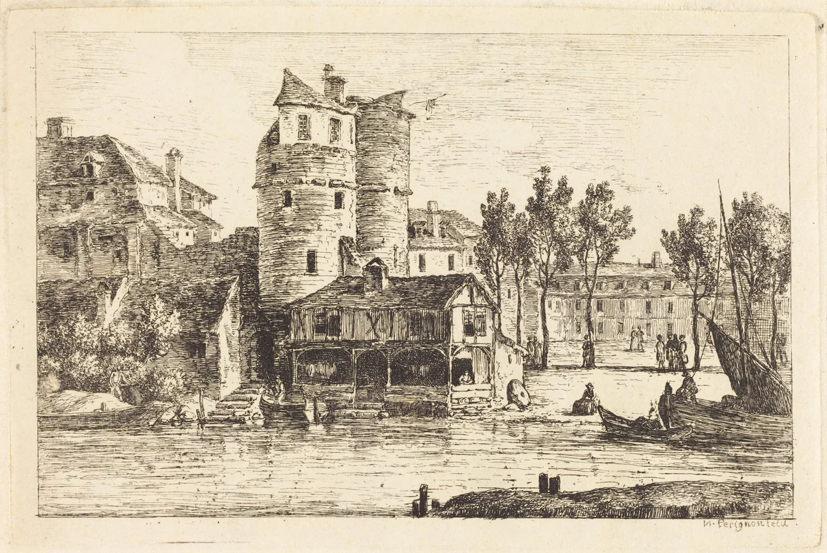 Town on a River Bank with Two Round Towers by Nicolas Pérignon, print, 1770