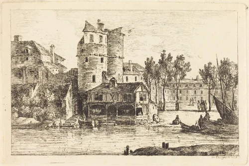 Town on a River Bank with Two Round Towers by Nicolas Pérignon, print, 1770