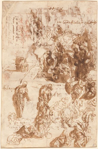 Studies for Judith and Holofernes, David and Goliath, The Finding of Moses, and Others [recto] by Veronese, drawing, 1582