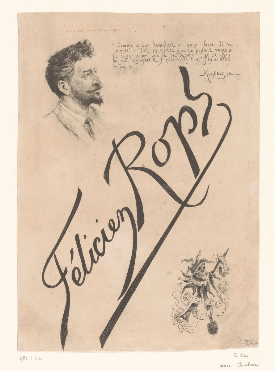 Portret van Félicien Rops en macabere zotskolf by François Courboin, print, 1887