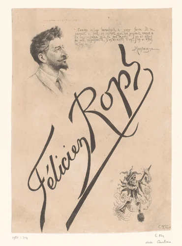 Portret van Félicien Rops en macabere zotskolf by François Courboin, print, 1887