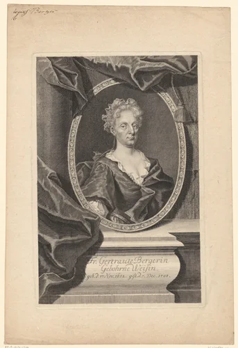 Portret van Gertraud Berger by Martin Bernigeroth, print, 1709-1733