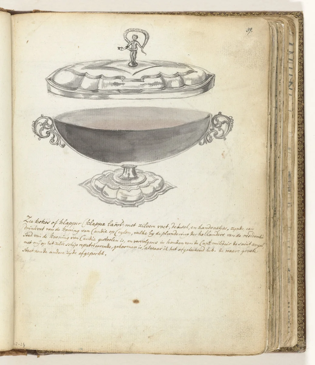 Drinkvat van de koning van Kandy by Jan Brandes, drawing, 1786