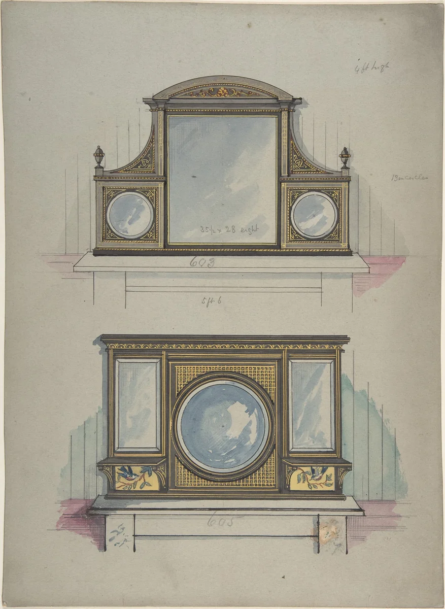 Design for Two Mirrors over Mantels by anonymous, drawing, 1840-1899