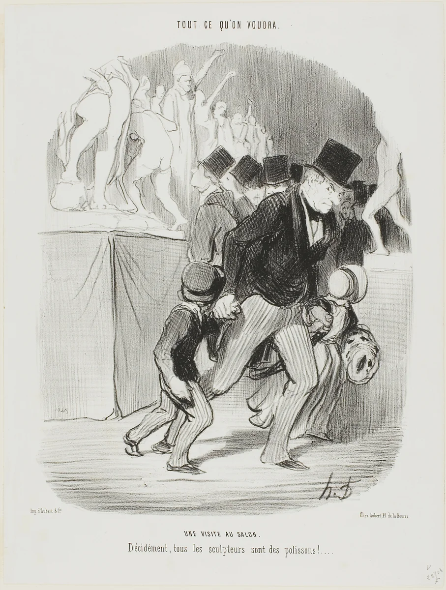 A Visit to the Salon. Obviously all the sculptors are a naughty bunch, plate 1 from Tout Ce Qu'on Voudra by Honoré-Victorin Daumier, print, 1847