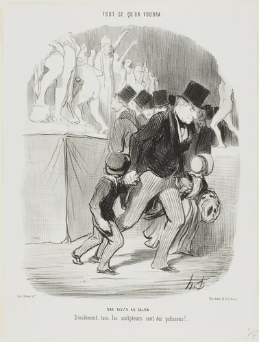 A Visit to the Salon. Obviously all the sculptors are a naughty bunch, plate 1 from Tout Ce Qu'on Voudra by Honoré-Victorin Daumier, print, 1847