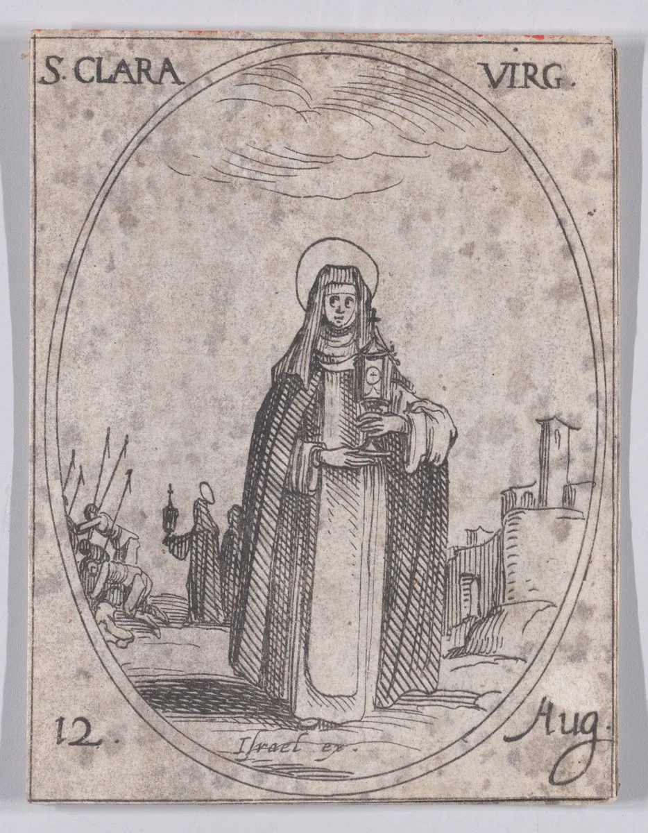 Ste. Claire, vierge (St. Clare, Virgin), August 12th, from "Les Images De Tous Les Saincts et Saintes de L'Année" (Images of All of the Saints and Religious Events of the Year) by Jacques Callot, print, 1636