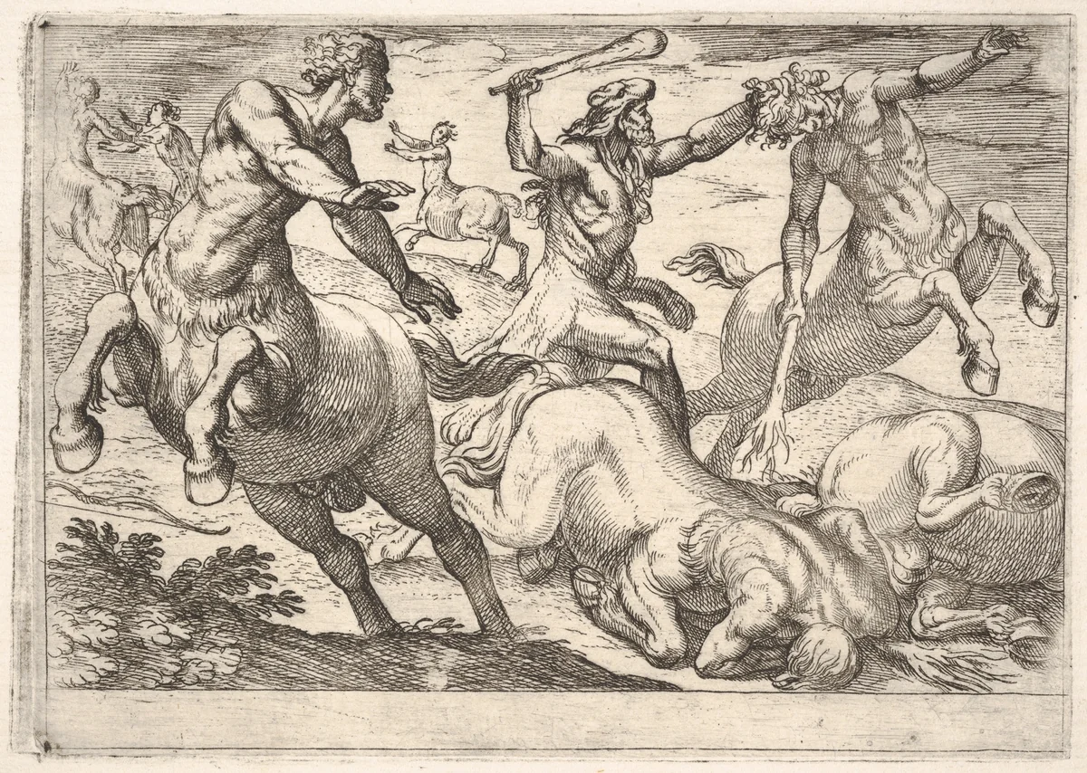 Hercules and the Centaurs, from "The Labors of Hercules" by Antonio Tempesta, print, 1608