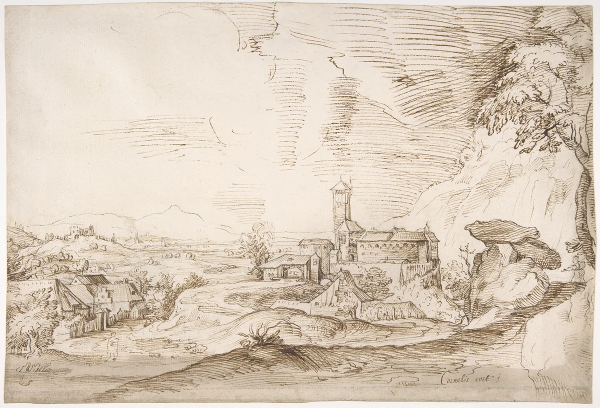Italian Landscape by Cornelis Cort, drawing, 1530-1578