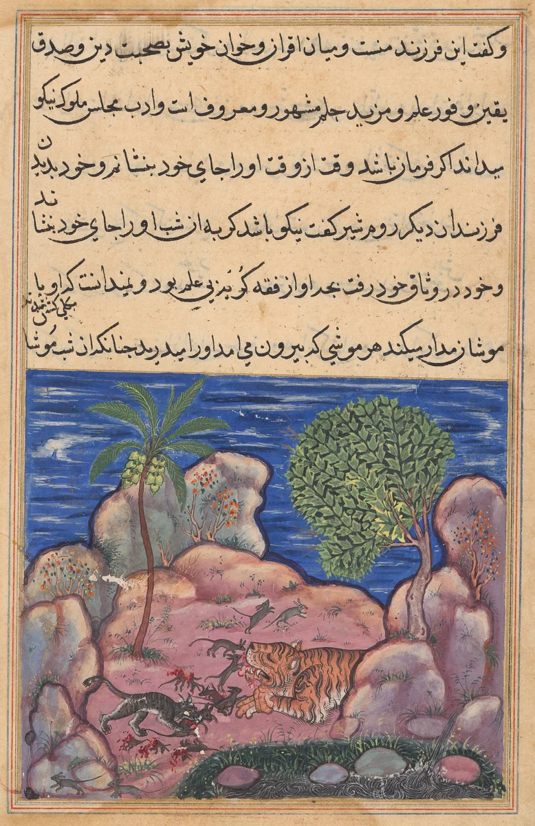 The cat attacks the mice which disturb the lion, from a Tuti-nama (Tales of a Parrot): Fifteenth Night by Unknown, painting, 1555-1565