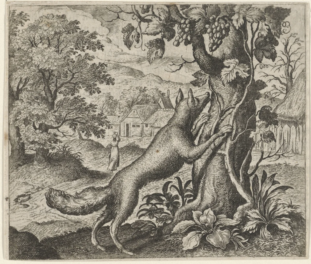 Fabel van de vos en de druiven by Aegidius Sadeler, print, 1608