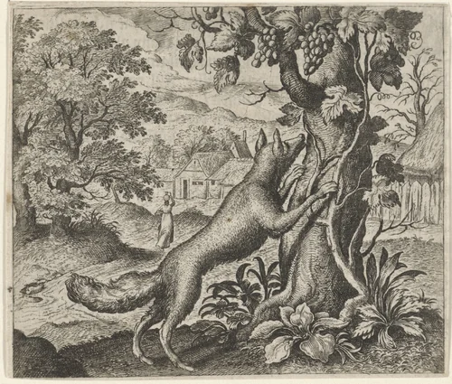 Fabel van de vos en de druiven by Aegidius Sadeler, print, 1608