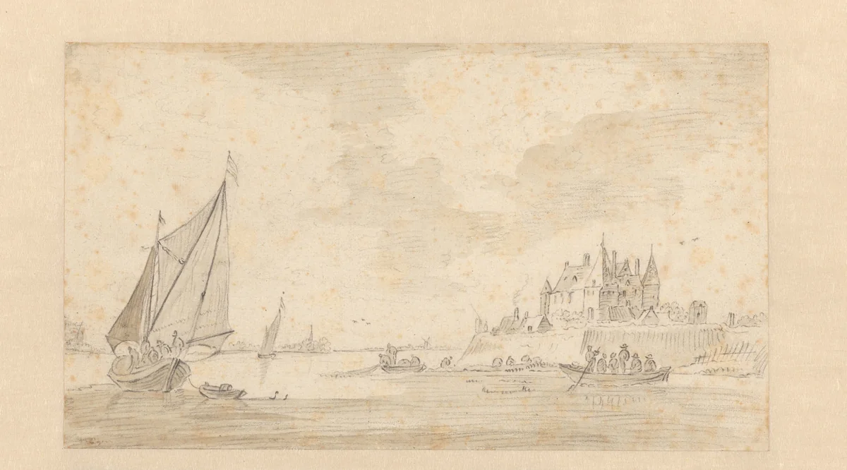 Rivierlandschap met kasteel (Loevestein?) by anonymous, drawing, 1600-1699