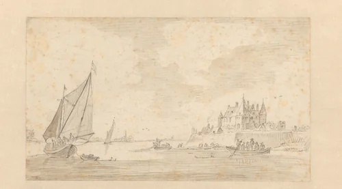 Rivierlandschap met kasteel (Loevestein?) by anonymous, drawing, 1600-1699