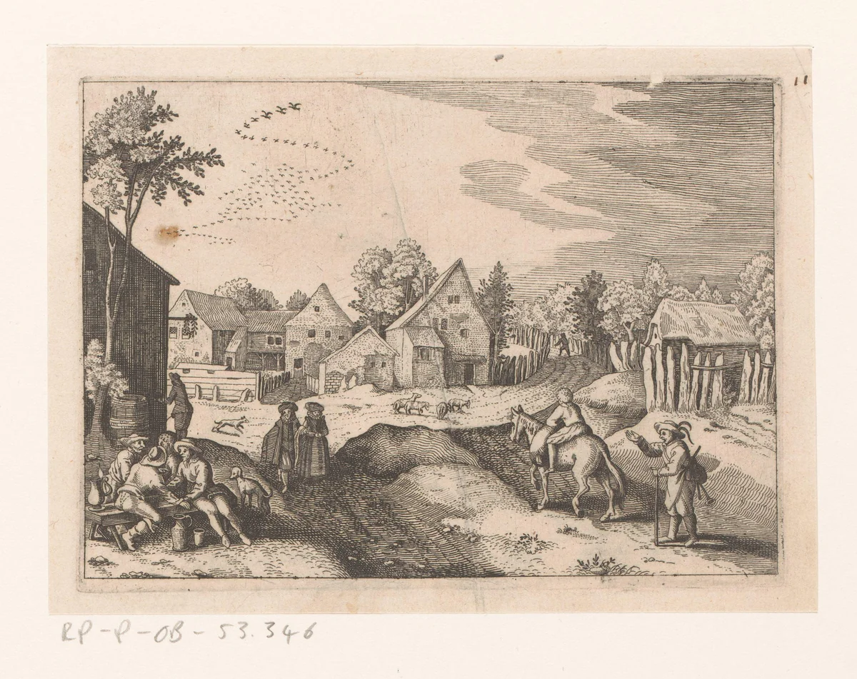 Dorpsgezicht met jongen te paard en doedelzakspeler by anonymous, print, 1620